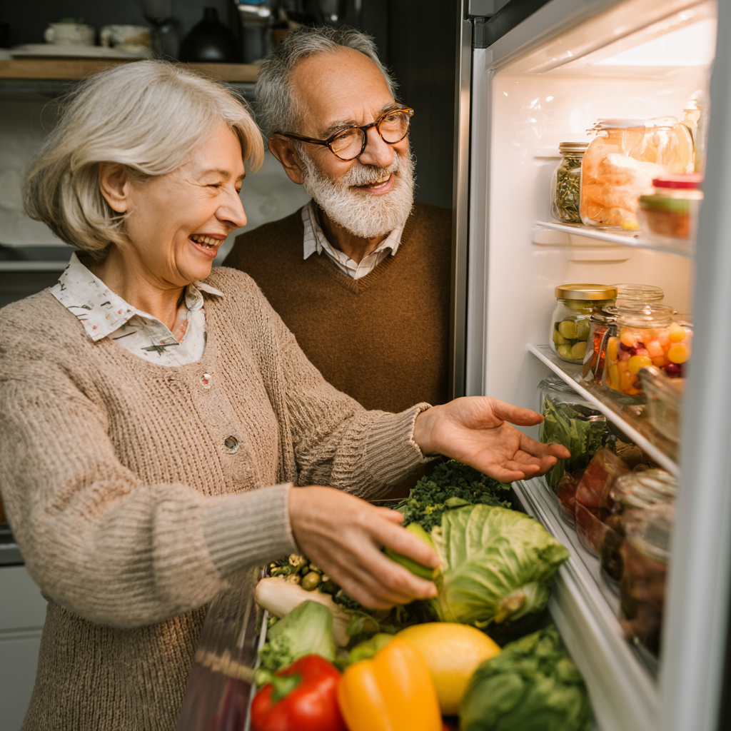 Happy Ukrainian family enjoying healthy homemade meal together at kitchen table with fresh vegetables and traditional dishes