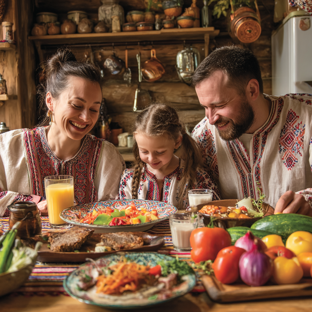 Middle-aged Ukrainian woman preparing colorful nutritious meal with fresh local vegetables and herbs in modern kitchen