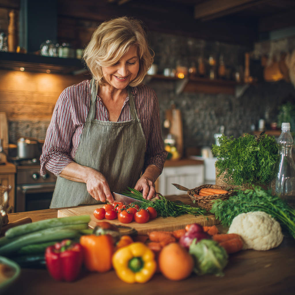 Ukrainian elderly couple cooking together in kitchen with weekly meal plan and fresh ingredients displayed on counter